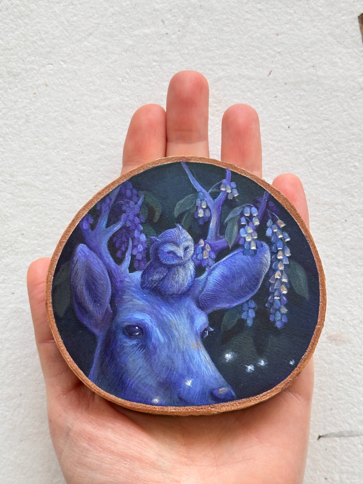 "Forest Friends and Fairy Lights” | Original painting on birch