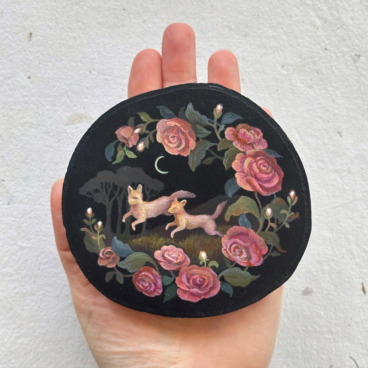 "Foxes and Vintage Roses" | Original painting on birch