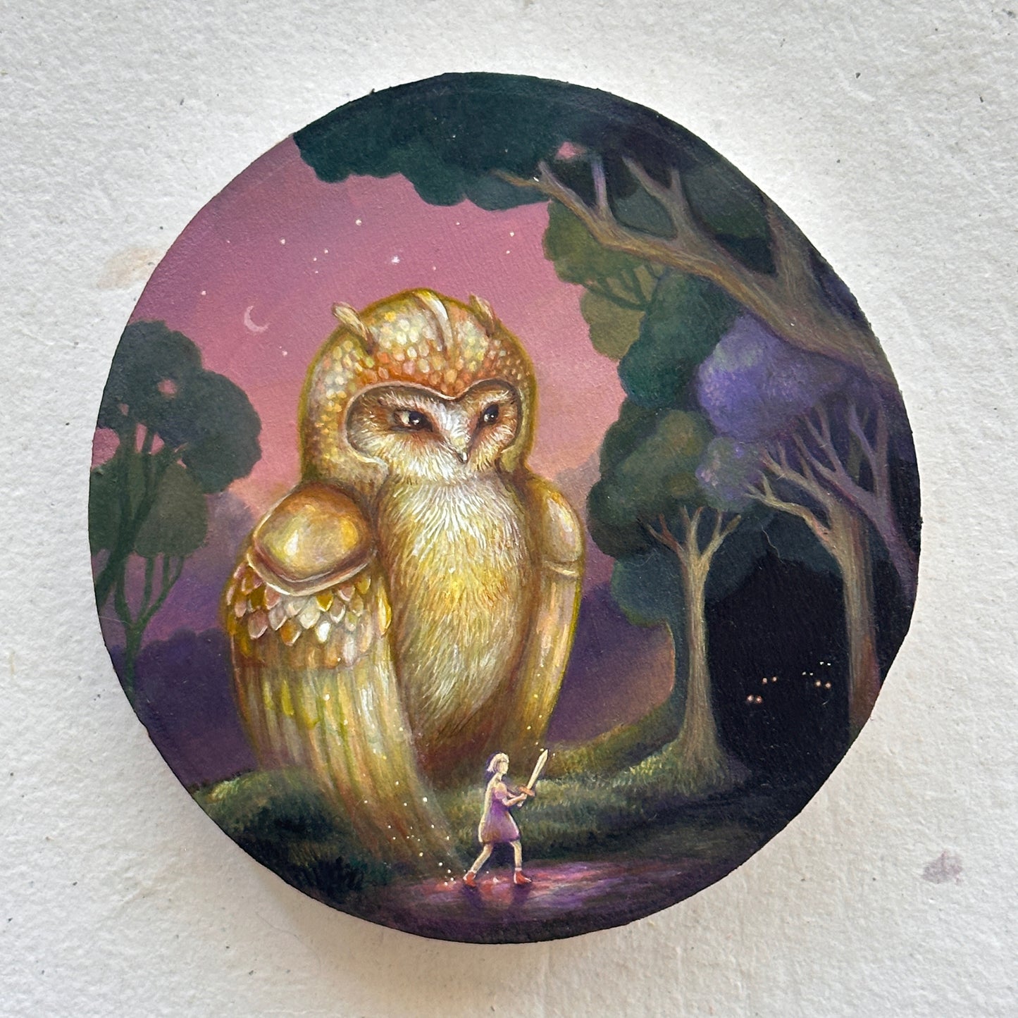 "The Girl and the Golden Sentinel" | Original painting on birch
