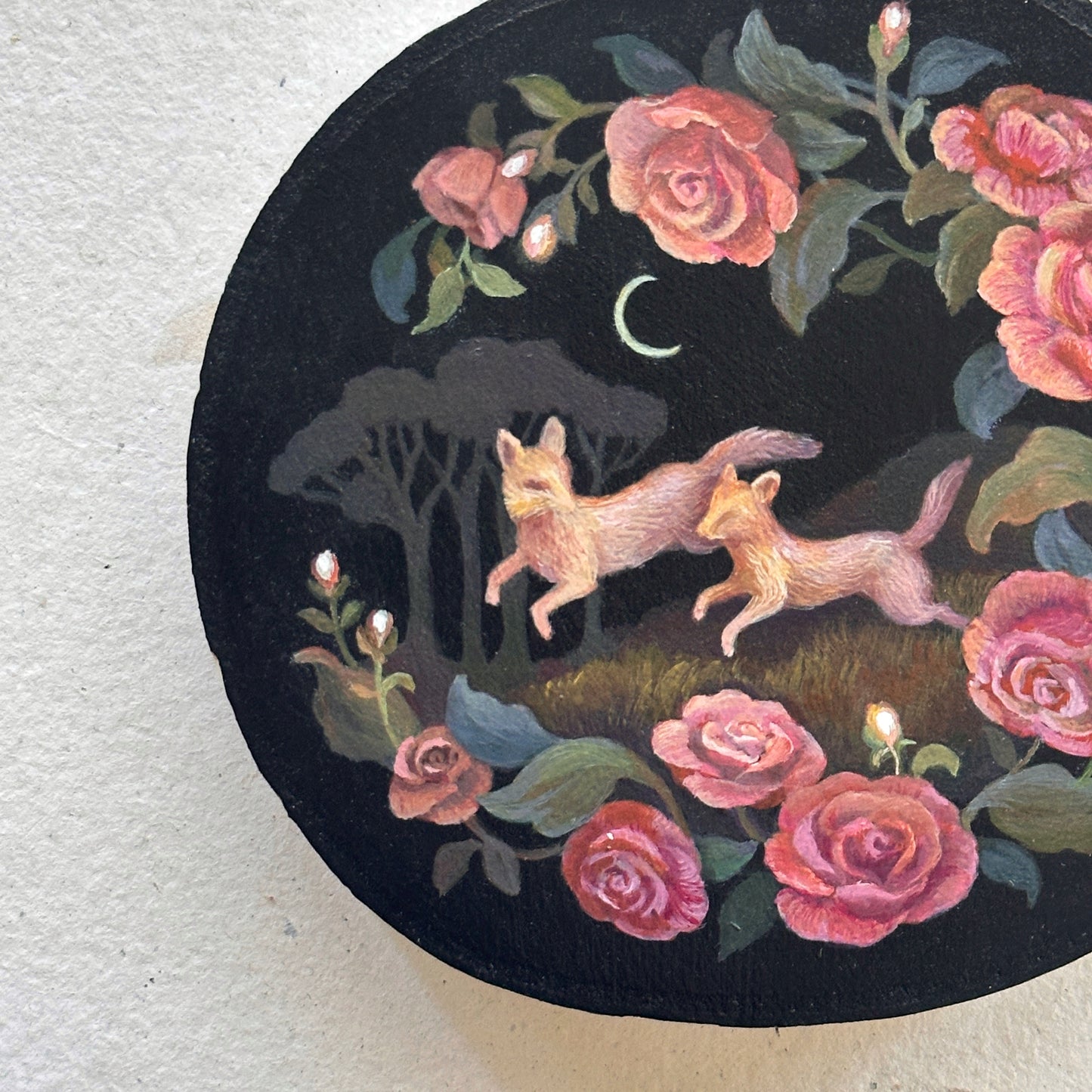 "Foxes and Vintage Roses" | Original painting on birch
