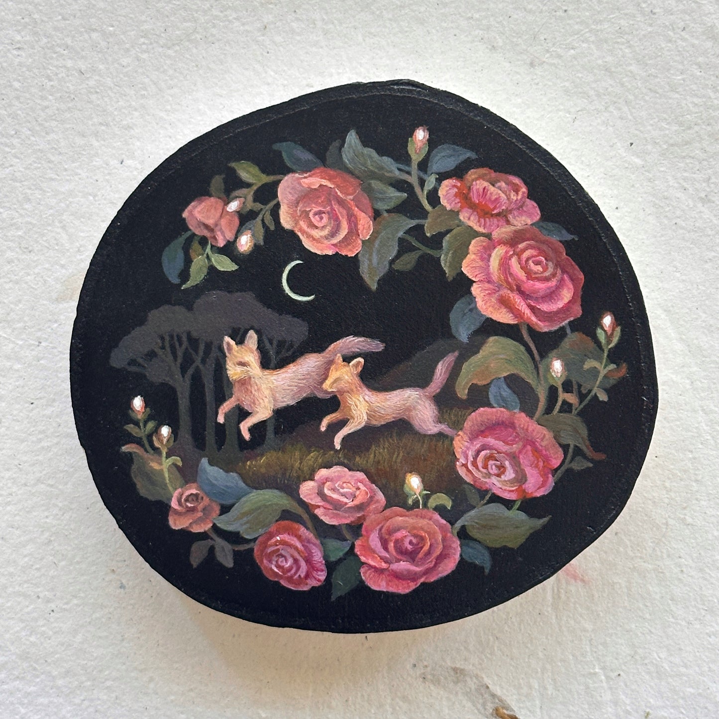 "Foxes and Vintage Roses" | Original painting on birch