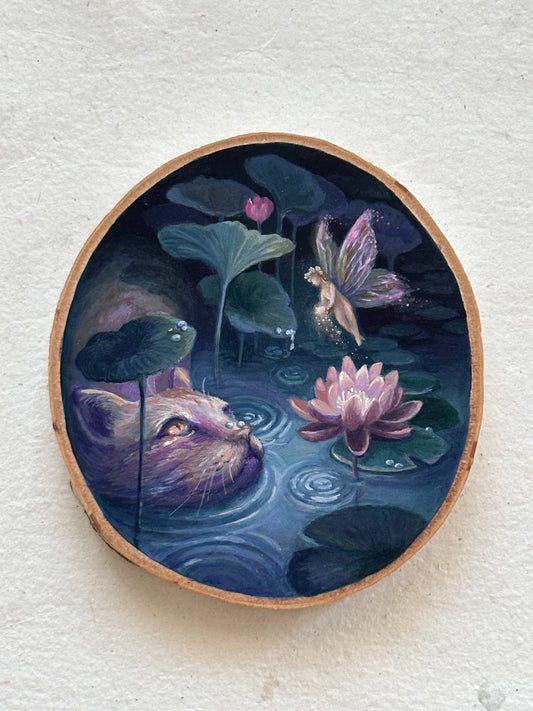 The Cat and the Fairy | Original painting on birch